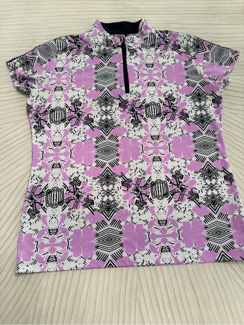 Sport Haley Lavender and Black Floral Short Sleeve Zip Top